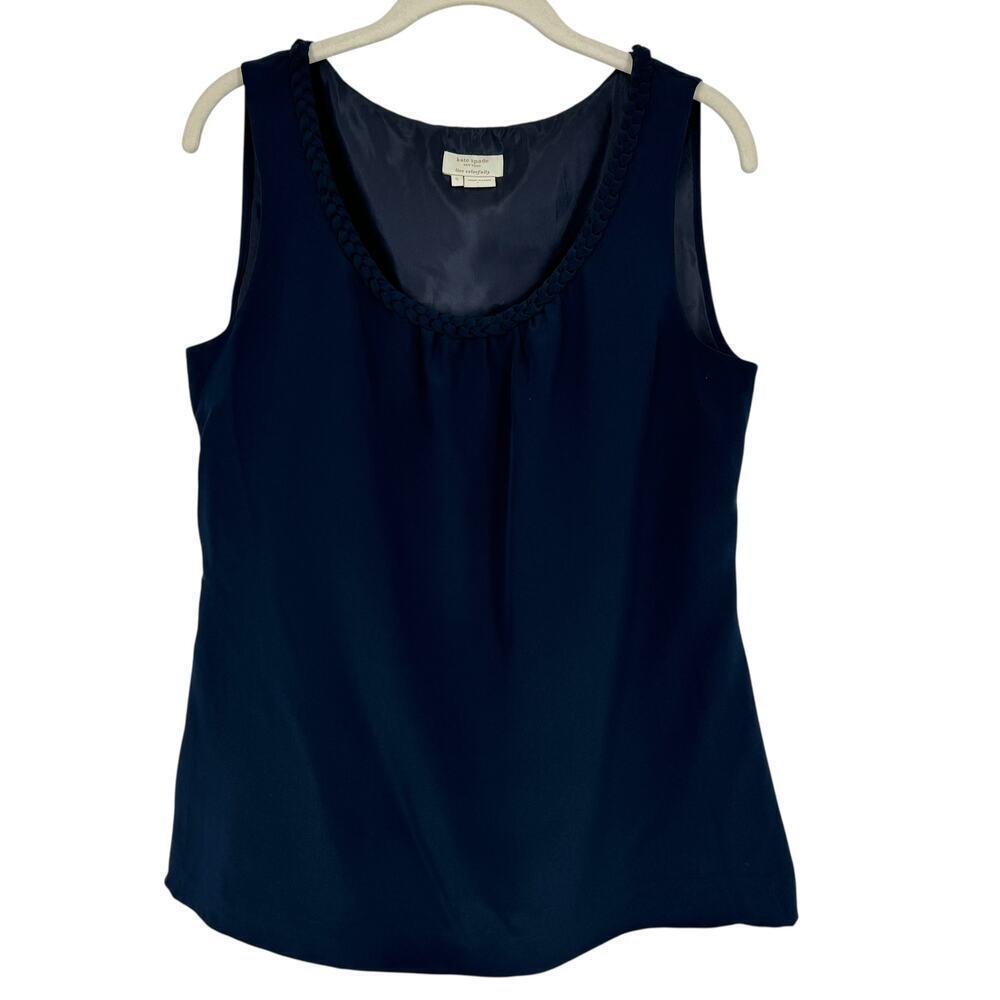 Kate Spade Blue Silk Sleeveless Blouse Braided Neck Small Quiet Luxury Career